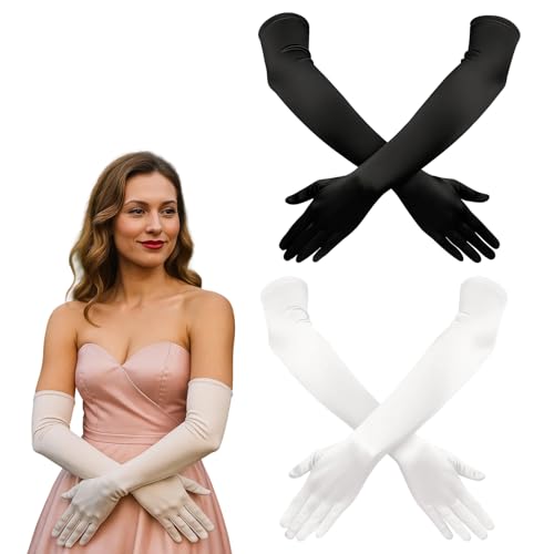PWCTNT Halloween Kostüm, Lange Handschuhe, 2 Paar Lange Ballhandschuhe in Schwarz und Weiß, Elegante Abendhandschuhe für Damen, Geeignet für Dinnerpartys, Halloween