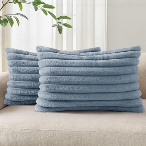 Image of Pallene Faux Fur Plush Lumbar Throw Pillow Covers 12x20 Set of 2, Luxury Soft Fluffy Striped Decorative Pillow Covers for Sofa, Couch, Living Room, Blue Grey