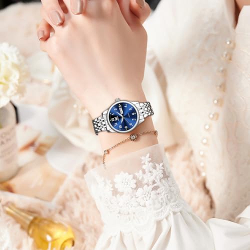 Elegant Silver Blue Women's Watch with Date - Waterproof Stainless Steel Timepiece for Small Wrists - Image 3