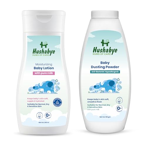 Image of Hushabye Moisturizing Baby Lotion (200ml) & Baby Dusting Powder (100g) with Milk Protein | Paraben & Sulphate Free | pH Balanced for All Skin Types | Newborn Care Gift Set, Combo Pack of 2