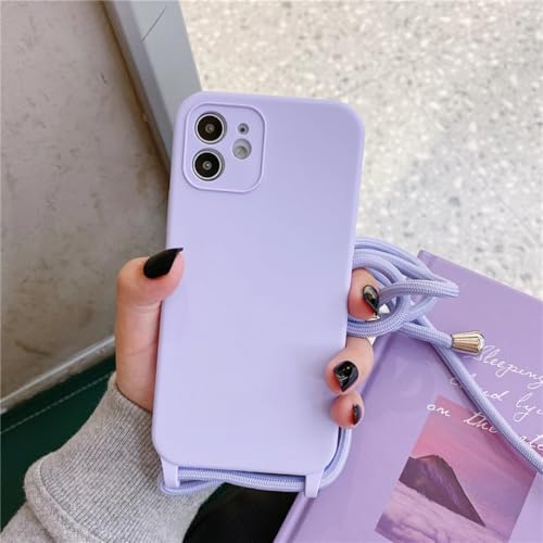Étui en silicone liquide pour iPhone 14 avec cordon tour de cou violet