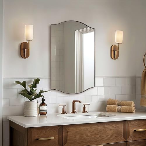 Image of ANDY STAR 20 inchx30 inch Bronze Bathroom Mirror, Rectangle Scalloped Wall Mirror in Stainless Steel Metal Frame, Modern Brushed Bronze Finish with Curved Edge Design, Wall-Mount Mirror for Bathroom, Entryway