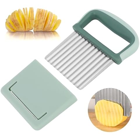 PCXWTLN Crinkle Cutter, Stainless Steel Crinkle Cutter Knife Potato Cutter French Fries, Potato Chipper Chip Cutter Wavy Cutter Knife for Vegetables Butter Fruit, Dishwasher Safe Cover