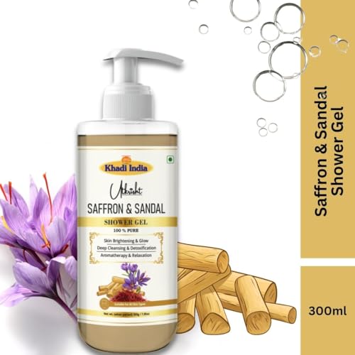 Image of Khadi Saffron & Sandalwood Body Wash Gel 300 ml | Brightening, Hydrating & Soothing | Antioxidant Rich, Anti Aging | Woody Aroma | Body Wash Shower Gel For Women & Men | All Skin Types