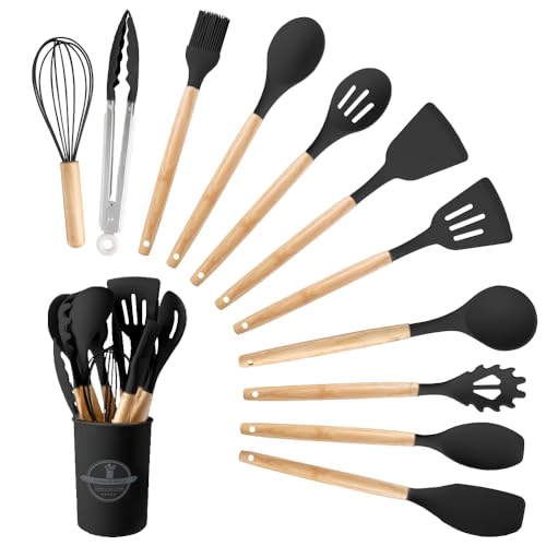 Silicone Cooking Utensils Set, 12Pcs Large Heat Resistant Kitchen Utensils, Turner Tongs, Spatula, Spoon, Wooden Handle Kitchen Gadgets with Holder for Nonstick Cookware, Dishwasher Safe (Black)