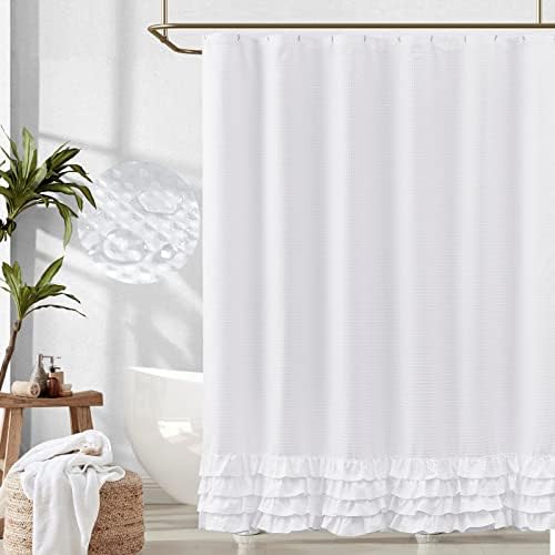 jinchan White Waffle Shower Curtain Ruffle Shower Curtain for Bathroom Farmhouse Shower Curtain Shabby Chic Country Style Modern Fabric Shower Curtain with Hooks Water Repellent 70x72 inches