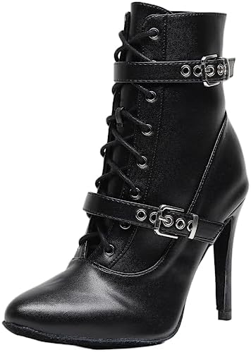 Women's Dance Boots Tango Shoes Party Heels Training Performance Stiletto Heel Boots Heel Pointed Toe Lace Up, Black