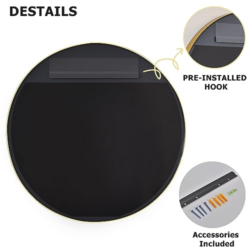 24 Inch Round Bathroom Mirror - Wall Mounted Circle Mirror with Metal Frame, Modern Mirror Suitable for Bathroom, Vanity, Entryway, Living Room, Wall Decor,Gold - Image 8