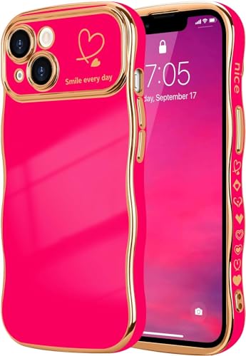 ELEPIK for iPhone 14 Plus Case for Women Girls, Cute Wave Frame Curly Shape with Love Heart, Raised Camera Protection, Luxury Plating Shockproof for iPhone 14 Plus Phone Case, Hot Pink