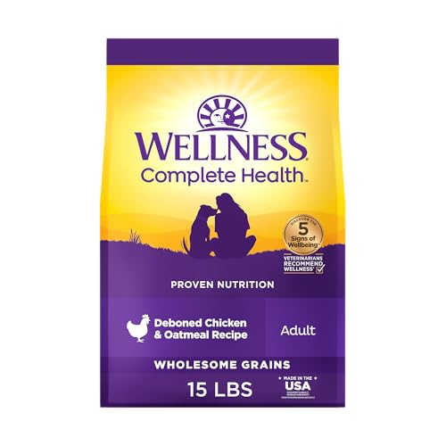 Wellness Complete Health Dry Dog Food with Grains, Natural Ingredients, Made in USA with Real Meat, All Breeds for Adult Dogs (Chicken & Oatmeal, 15-Pound Bag)