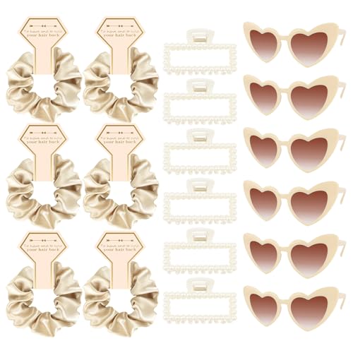 Bridesmaid Proposal Gifts, 18 PCS Bridesmaids Silk Hair Scrunchies, Pearl Hair Clips & Heart Shaped Sunglasses Set, Bridesmaids Gifts for Wedding Day & Bridal Shower Favors(Champagne Gold)