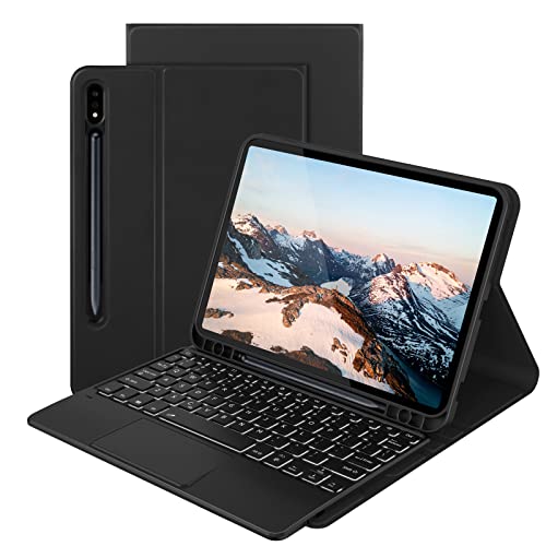 Doohoeek Bluetooth Backlit Keyboard Case with Trackpad for Samsung Galaxy Tab S7 11” 2022 (SM-T870 T875 T878), Wireless Keyboard with Mouse Pad & S Pen Slot & 7-Color Lighting & Adjustable Kickstand