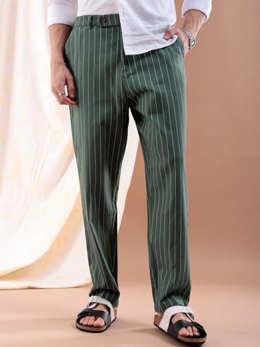 Image of The Indian Garage Co Men Relaxed Cropped Vertical Striped Mid-Rise Trousers