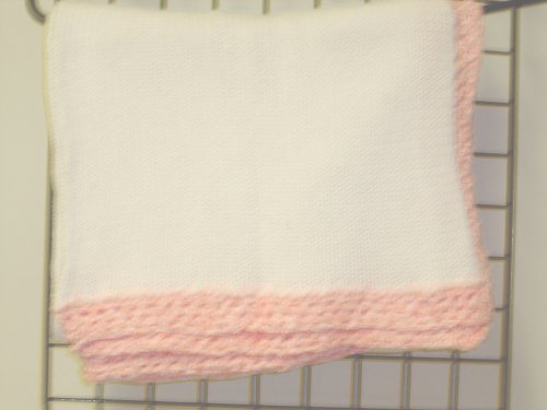 Bk601, Knitted on Hand Knitting Machine White Cotton 31” By 45” Blanket Trimmed By Hand Crochet with Pink Chenille for Newborns and Infants