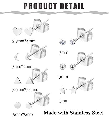 Sllaiss 7 Pairs Tiny Geometric Stud Earrings Set Stainless Steel Cz Ball Heart Star Cartilage Earrings Studs For Women Helix Ear Piercing Set With Gift Box #TOP2