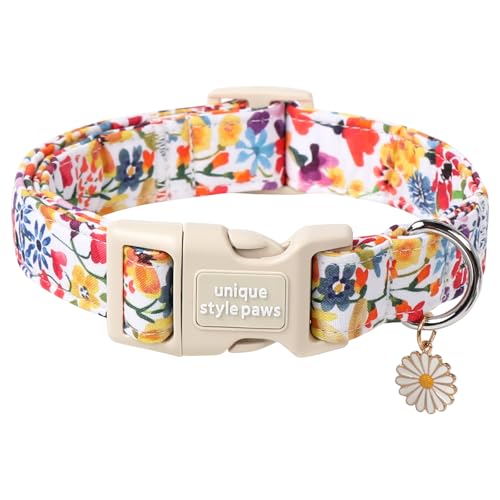 Unique style paws Dog Halsband mit Schnellverschluss aus Baumwolle, buntes Blumen-Halsband, Geschenk, langlebig, niedlich für kleine, mittel- und großen Rüden und Hündinnen
