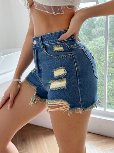 Image of Aahwan Dark Blue Solid Simple Daily Distressed Denim Shorts for Women's &Girl's