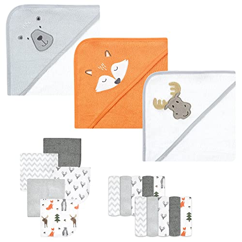 Image of Hudson Baby Unisex Baby Animal Hooded Towel 3pk and 15 Washcloths, Woodland, One Size