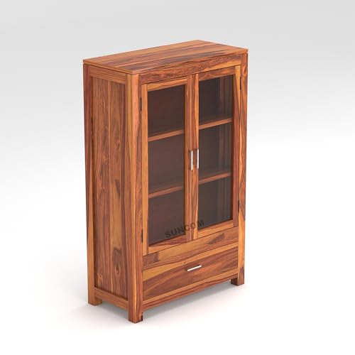 Image of SUNCOM Solid Sheesham Wood Sideboard Cabinet for Livingroom & Home Furniture - Wooden Cabinet with 2 Glass Doors & 1 Big Drawers for Storage - Designed to Display. Built to Store (Natural Finish)