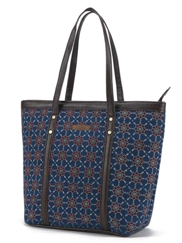 Image of NEPRI Printed Office Tote Bag | Laptop Bag 15.6 inch | Stylish Tote Bags for Office Use | Purse for Women | Vegan Leather & Handblock Printed Fabric Handbag | Daily & Travel Use
