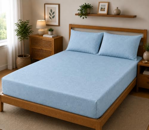 Image of Fitted Bedsheet Sky Blue 3D Floral Print Glace Cotton 210 TC | Full Single Size for Single Bed Fits 4 x 6.25 ft Mattress (48 x 75 Inch) | All Around Elastic | 2 Pillow Covers | 7 Inch Deep Pocket