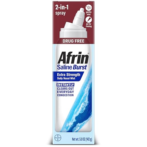 Afrin Saline Burst Extra Strength Daily Nasal Mist Nose Spray for Everyday Congestion Relief Hypertonic Seawater Saline Nasal Spray with Dual Nozzle Drug Free Sinus Rinse 5 oz