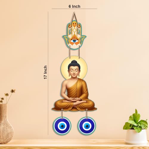 Image of Artvibes Meditating Buddha Wall Hanging with Hamsa Hand and Evil Eye Protection Charm | Spiritual Home Decor for Meditation and Mindfulness | Decorative Hanging for Living Room | Yoga Space (WH 8599N)