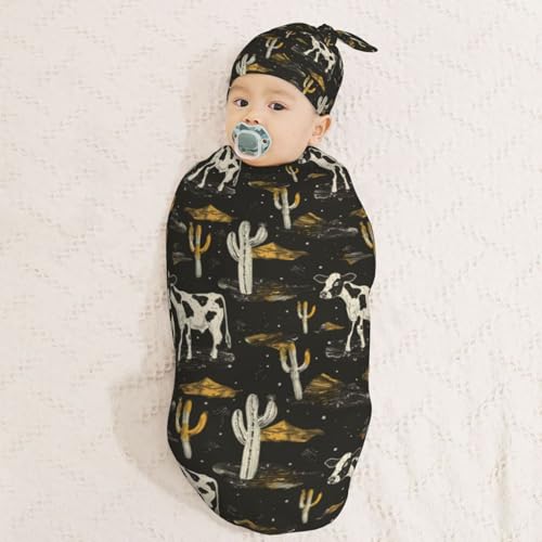Image of Western Cow and Cactus Newborn Swaddle Blankets Hat Sets Soft Baby Receiving Blanket Swaddle Sack for Baby Shower Infant Boy Girl Gift