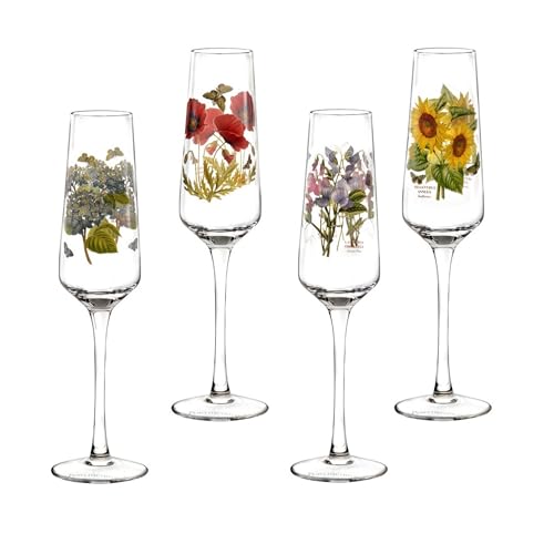 Portmeirion Botanic Garden Champagne Flutes | Set of 4 Stemmed Champagne Glasses | Ideal for Champagne or Prosecco | 8 Oz Sparkling Wine Glasses with Assorted Motifs