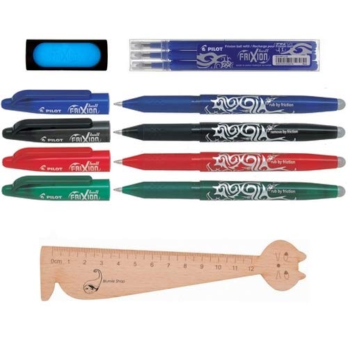 Pack of 4 + 1 Box of 3 – Pilot Frixion Ball Refills Blue + Eraser Pen + Ballpoint Pen Blumie Shop