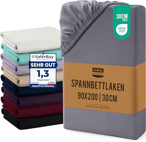 Utopia Bedding - Spannbettlaken 90x200cm Bis 30 cm - Grau - Oeko-Tex Zertifiziertes - Gebürstete Mikrofaser Spannbetttuch