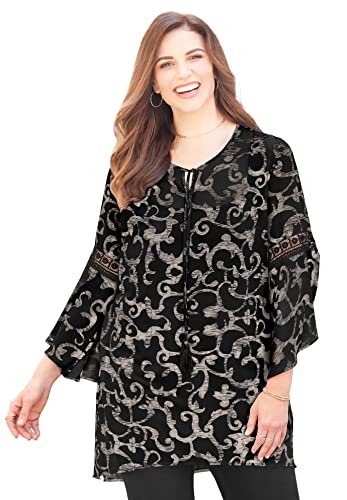 Catherines Women's Plus Size Bell Sleeve High-Low Tunic - 3X, Black Scroll (2582) #TOP27