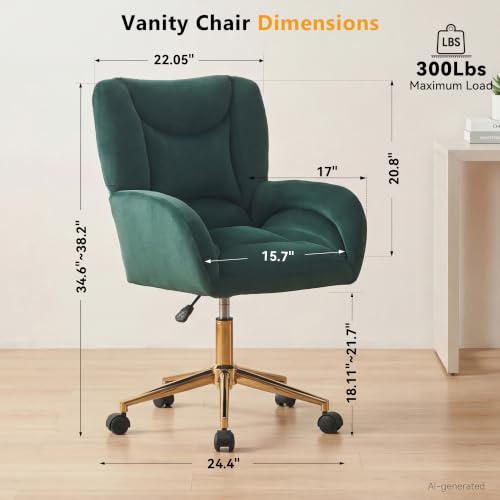 Image of FOXHUNTER Vanity Chair with Ergonomic Back & Wheels, 360 Swivel Accent Chair, Adjustable Height Home Office Chair for Living Room, Bedroom (Velvet, Green)