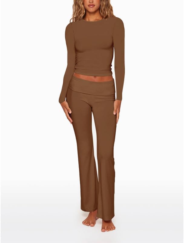 Casual Women's Two Piece Outfit Basic Long Sleeve Crop Top with Low Rise Flare Pants Set Lounge 2 Piece Yoga Tracksuit