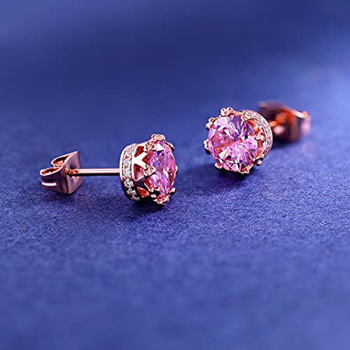 MDFUN Rose Gold Plated Stud Earrings for Women 6.0mm Round Brilliant Crown Birthstone Birthday Jewelry Gift4