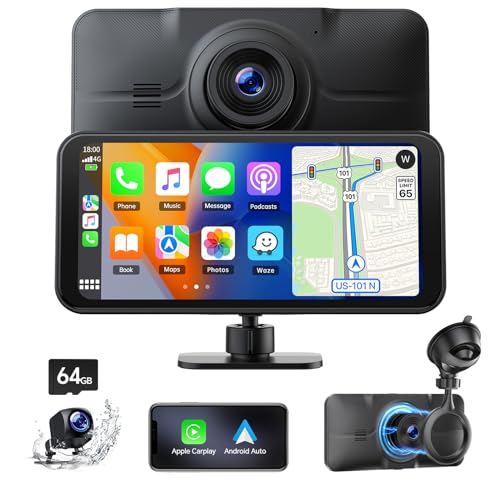 LAMTTO Wireless CarPlay Display mit 4K+1080P Dashcam Vorne Hinten...