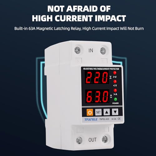 Image of HIVAGI Taxnele 63A 230V Digital Energy Meter with Over /Under Voltage & Overload Protection | Adjustable Voltage Protector with Auto Reconnect, Dual LED Display, DIY Din Rail Installation