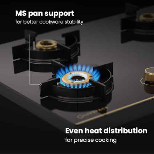 Image of Livspace Intellia 4 Burner Gas Stove | Auto Ignition | Premium Glass Top with Gold Themed knobs | 2 years Warranty | ISI Certifed | Full Brass Burners | 6 mm Toughened Glass | LPG & PNG