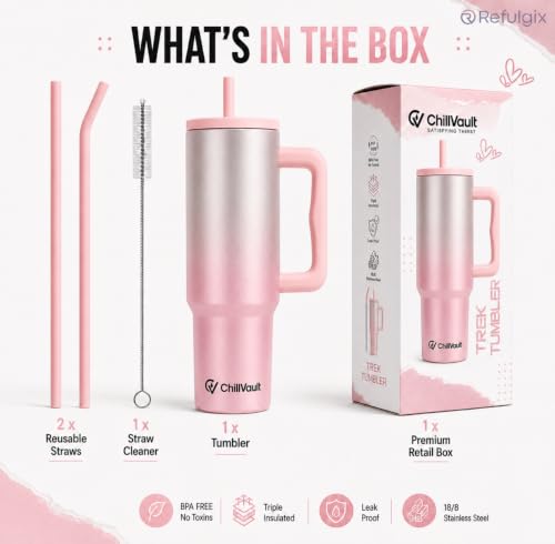 Image of REFULGIX ChillVault 1200ML Stainless Steel Tumbler | Double Insulated with Handle & 2 Straws | Leak-Proof Hot & Cold Sipper for Coffee, Travel & Home (Blush Silver)
