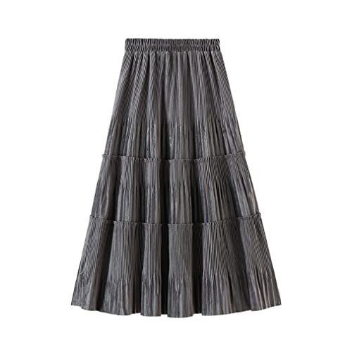 Buffny Women Corduroy Midi Length Pleated Skirt,Elastic Waist Velvet High Waist A-Line Flared Swing Skirt for Winter Autumn,Soft and Elegant,Splicing,Unique Style(One Size)-grey