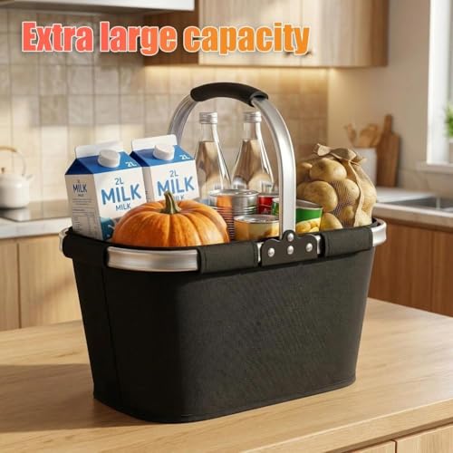 21L Faltbar Einkaufskorb,Picknickkorb,Tragekorb mit gepolstertem Griff,ideal für Einkaufen,Picknick und Reisen(Schwarz)
