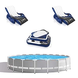 Intex 20ft x 52in Outdoor Prism Frame Above Ground Swimming Pool Set with Cartridge Filter Pump 2 Lounger Float Chairs and Inflatable Cooler with Lid