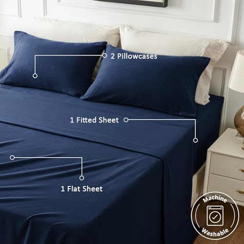 Image of Love's cabin Fleece Queen Sheet Set - 4 Pcs Dark Blue Winter Soft Plush Polar Fleece Bed Sheets Set with 16 inch Deep Pocket,Cozy Warmth for Cold Season(1 Flat Sheet,1 Fitted Sheet,2 Pillow Cases)
