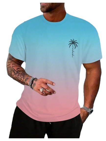 Floerns Men's Summer Streetwear Causal T Shirts Ombre Tropical Print Crewneck Short Sleeve Tee Shirts Tops