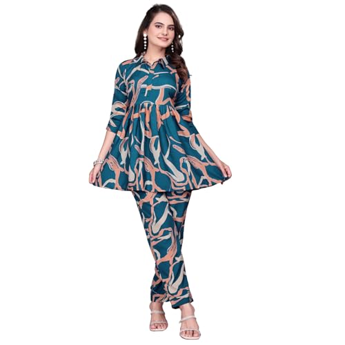 Image of Women Crepe 3 /4 Sleeves V Neck Cord Set Featuring Floral Pattern Design 2 Piece Ethnic Wear Set
