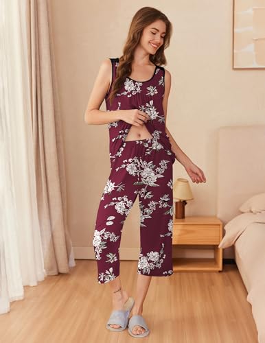 Image of Ekouaer Capri Pajama Sets for Women 2 Piece Soft Cute Pjs Round Neck Sleeveless Lounge Set for Summer Sleepwear S-XXXL