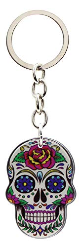 bluebubble DIA DE LOS MUERTOS Sugar Skull Keyring on Gift Card (White Death Mask - Tattoo Rose)