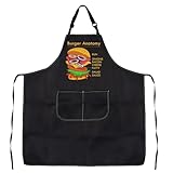 VAMSII Burger Apron With Pockets Burger Lover Gifts Burger Themed Gifts Burger Anatomy Adjustable Apron for Cooking (Black)