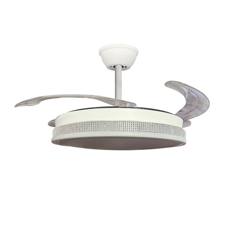 Genérico Ventilador de Techo Vera Diamante blanco con Aspas Rectráctiles y Luz, Ø108cm, 3 Aspas, Motor DC 40W, 6 Velocidades, Temporizador hasta 4h, Función Invierno-Verano, Protección IP44 (Metal)