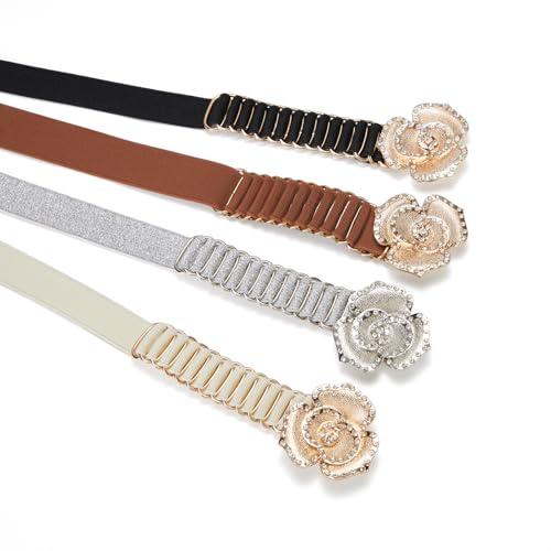 Womens Skinny Elastic Belt for Dresses Stretch Thin Waist Belt with Rhinestone Buckle4